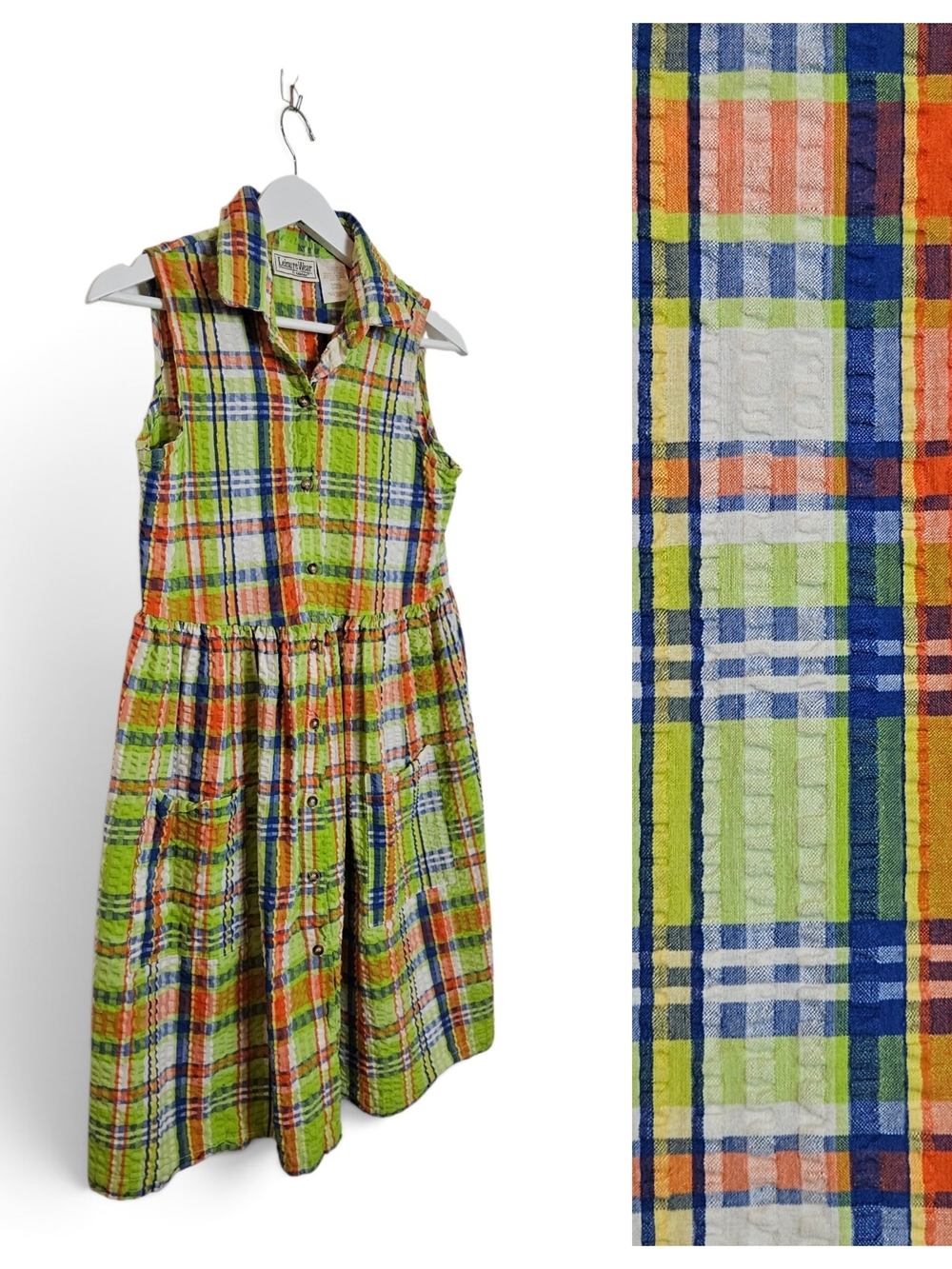 Vintage Leisure Wear by Adonna Dress S 80s 90 Neon Plaid Seersucker Cotton Retro